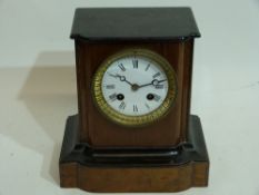 19th Century mantle clock walnut & ebonised case, enamel dial 10" tall