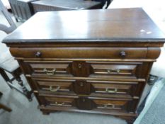 17th century and later oak chest of four drawers, decorated with mitred detail and set with panelled