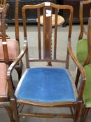 Mahogany armchair with strung decoration throughout, width approx 53cm max