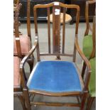 Mahogany armchair with strung decoration throughout, width approx 53cm max