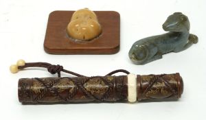 Mixed Lot: comprising an ivory face, an oriental scroll holder with ivory collar, and small carved