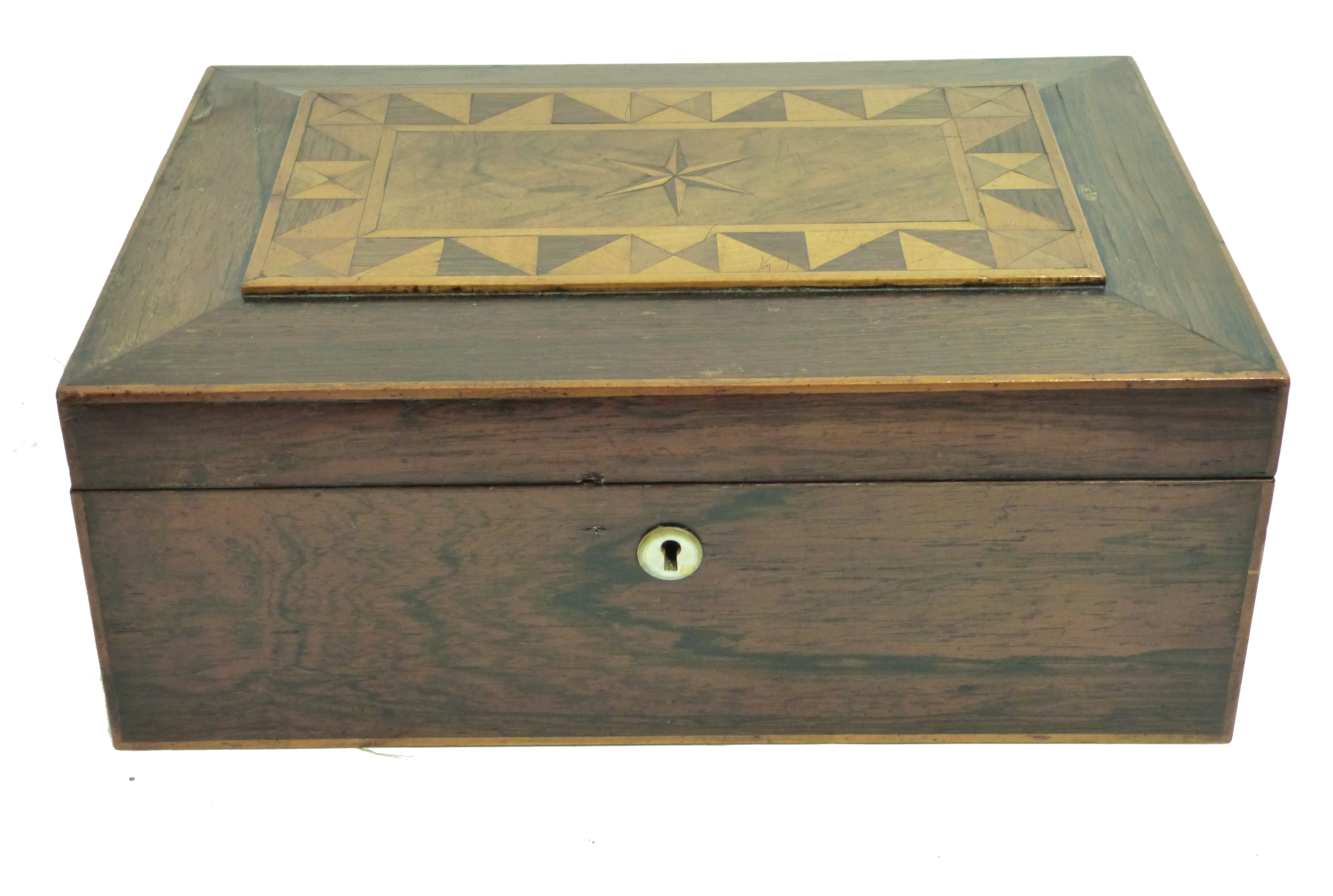 19th century ladies companion box with fitted and lined compartments with star and geometric inlay