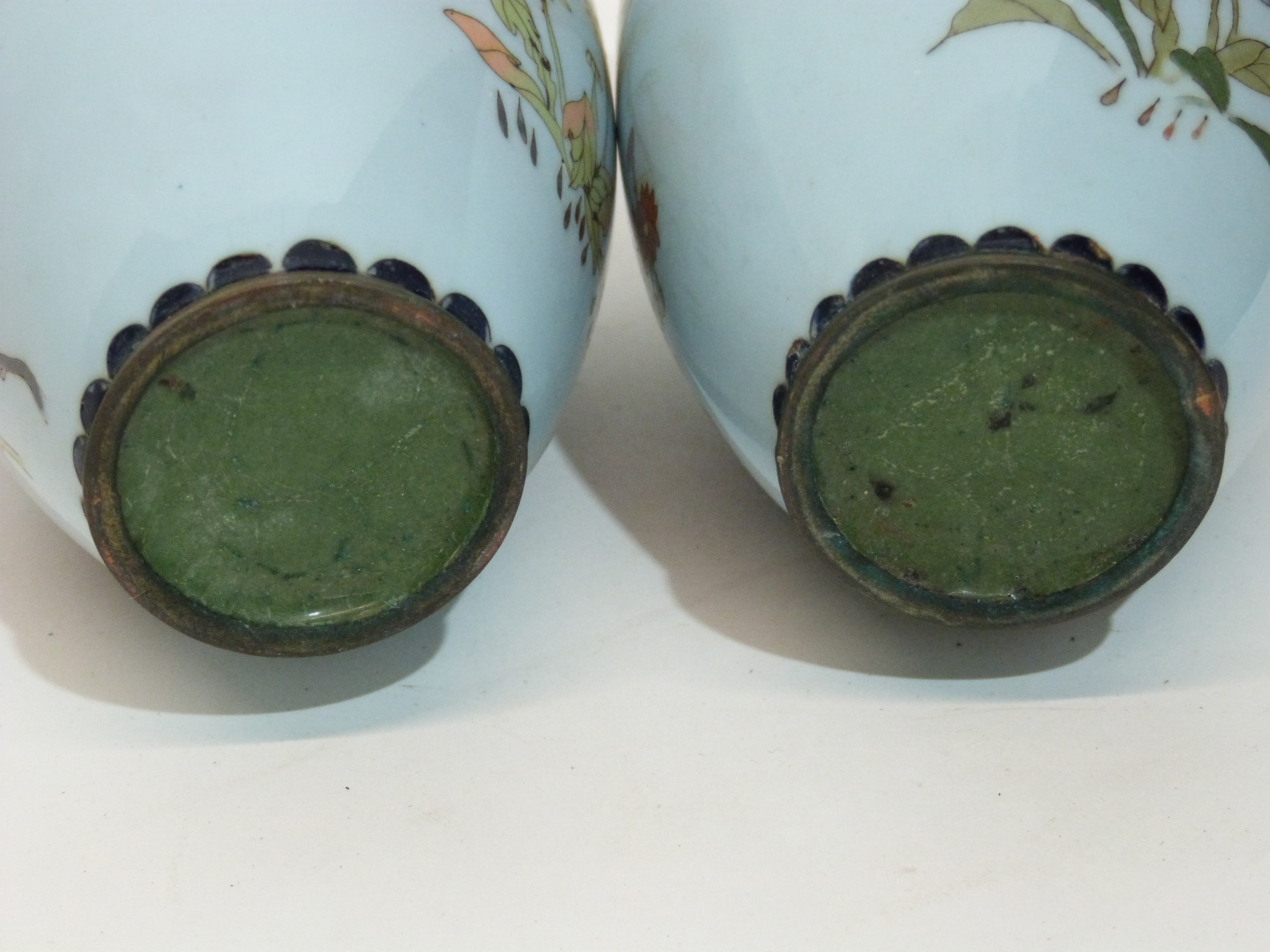Pair of Japanese cloisonne vases, Meiji period, the light blue ground decorated with foliage and - Image 3 of 4