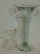 Large flared glass vase bearing a label for Kosta, Sweden, together with a further glass vase