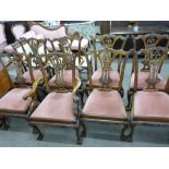 Set of eight reproduction Chippendale style dining chairs, comprising two carver chairs and six