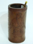 Chinese bamboo brush washer modelled with a warrior with calligraphy verso, 18cm high