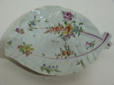 18th century Worcester porcelain cabbage leaf dish decorated in Chelsea style with flowers and