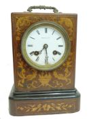 19th Century Marquetry inlaid mantle clock, Henry&Co, enamel dial 8" high