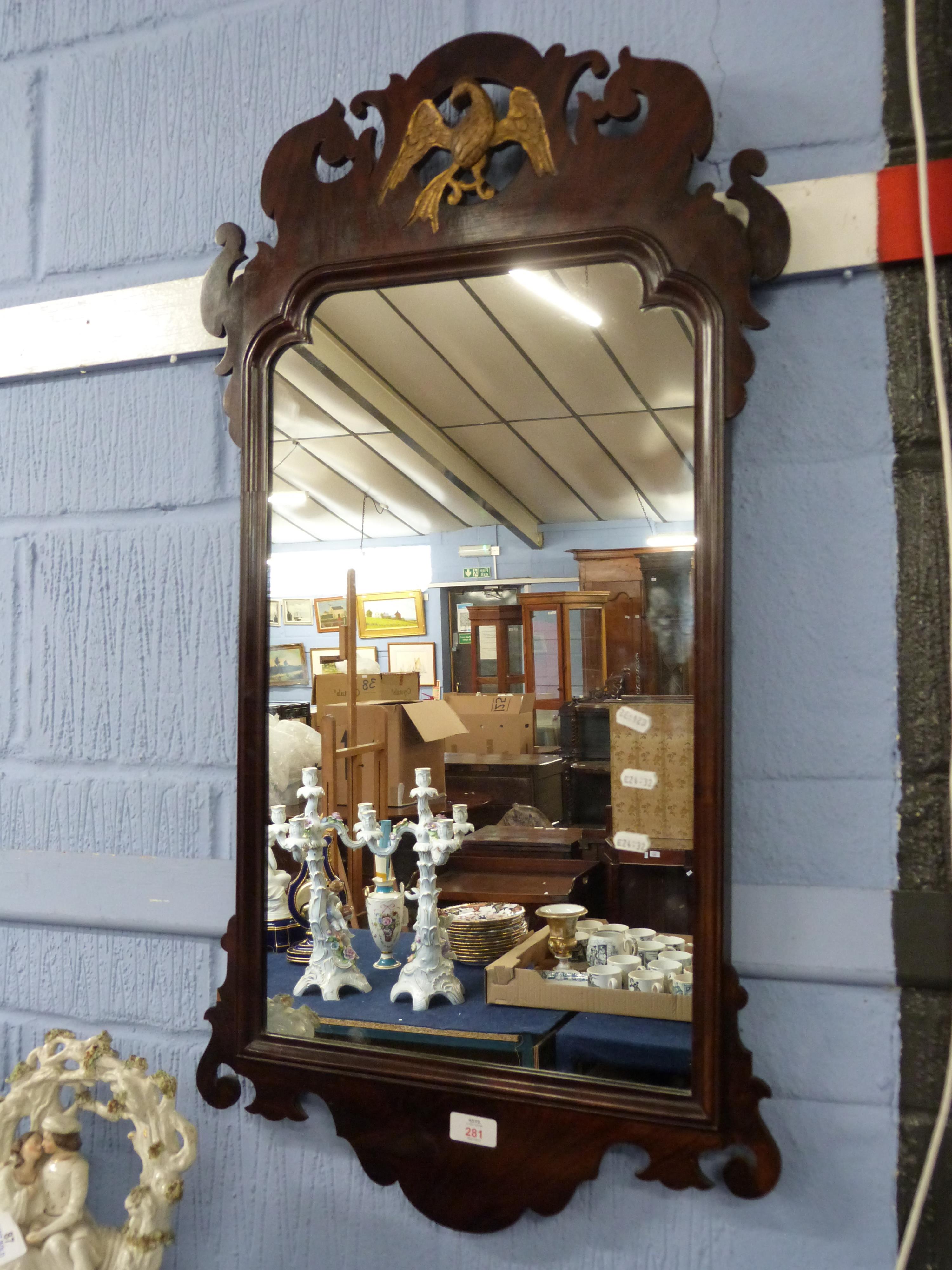 19th century mahogany wall mirror, the fretwork frame decorated with a gilt ho-ho bird, 93cm high - Image 2 of 2