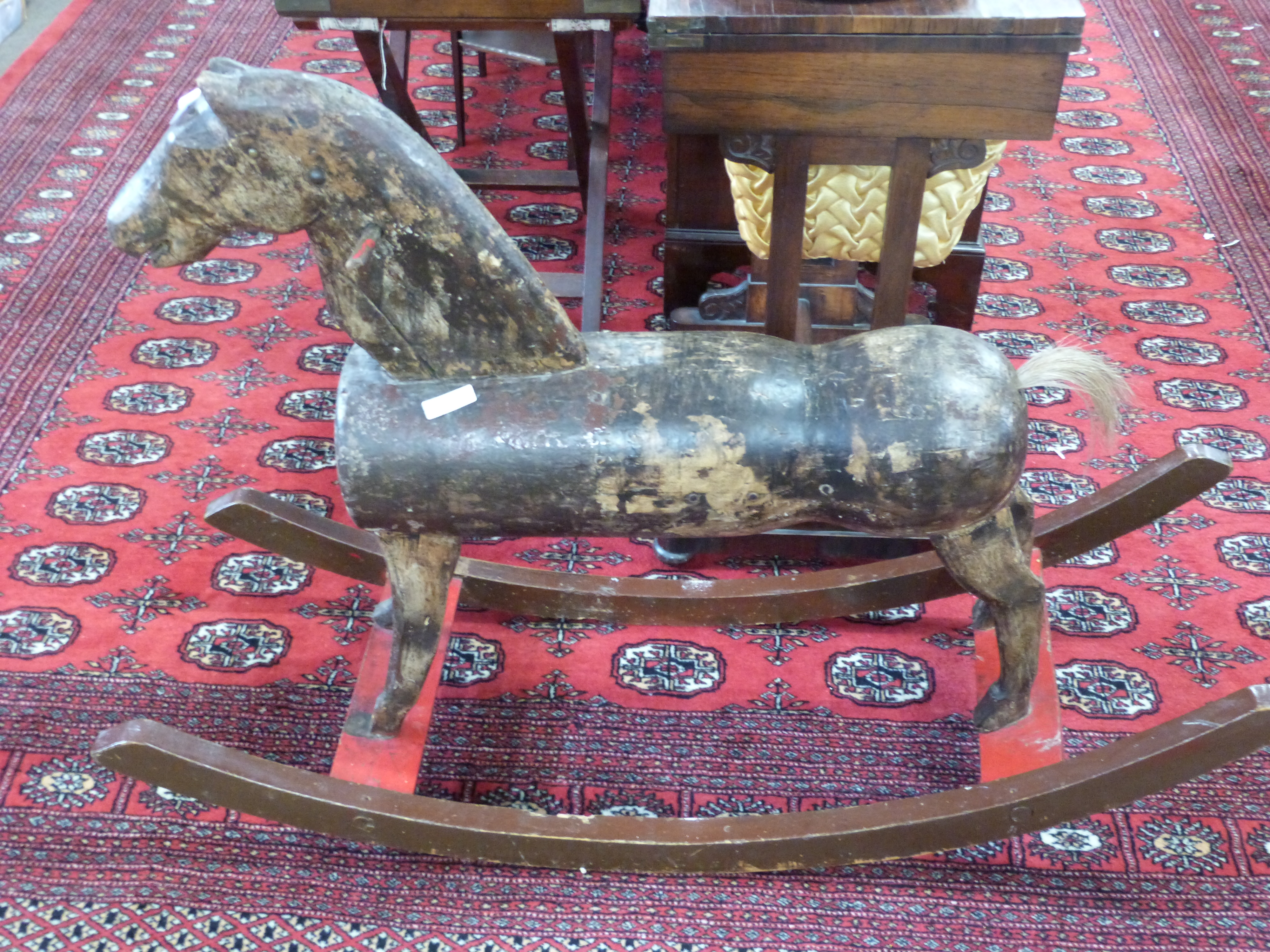 19th century naive folk art rocking horse, primitive painted body on an arched rocking base, 114cm - Image 3 of 3