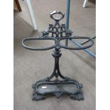 Victorian cast iron stick stand of foliate form fitted with removable drip tray, 76cm high