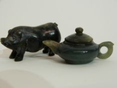 Small boxed miniature jadeite tea pot and further small model of a pig (2)