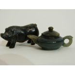 Small boxed miniature jadeite tea pot and further small model of a pig (2)