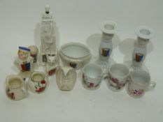 Group of crested wares, small jar for Great Yarmouth, pair of candlesticks also for Great