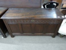 18th century carved oak coffer, length approx 135cm