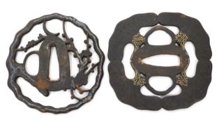 Two Japanese Tsubas, one with a gilt design of flowers, and a further one with fretwork (2)