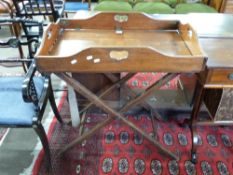 19th century mahogany and brass mounted folding campaign style butlers tray and accompanying X-