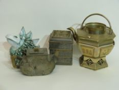 Group of Chinese metal wares including a tea pot with incised design of fishermen and a sampan,