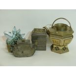 Group of Chinese metal wares including a tea pot with incised design of fishermen and a sampan,