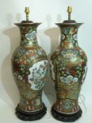 Two modern large Oriental porcelain vases converted to lamps with green and gilt decoration and