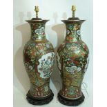 Two modern large Oriental porcelain vases converted to lamps with green and gilt decoration and