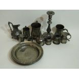 Quantity of pewter, some 18th century items, including small pewter tankard with scroll handle and