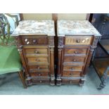 Pair of late 19th century Continental marble top bedside cabinets each fitted with three drawers,