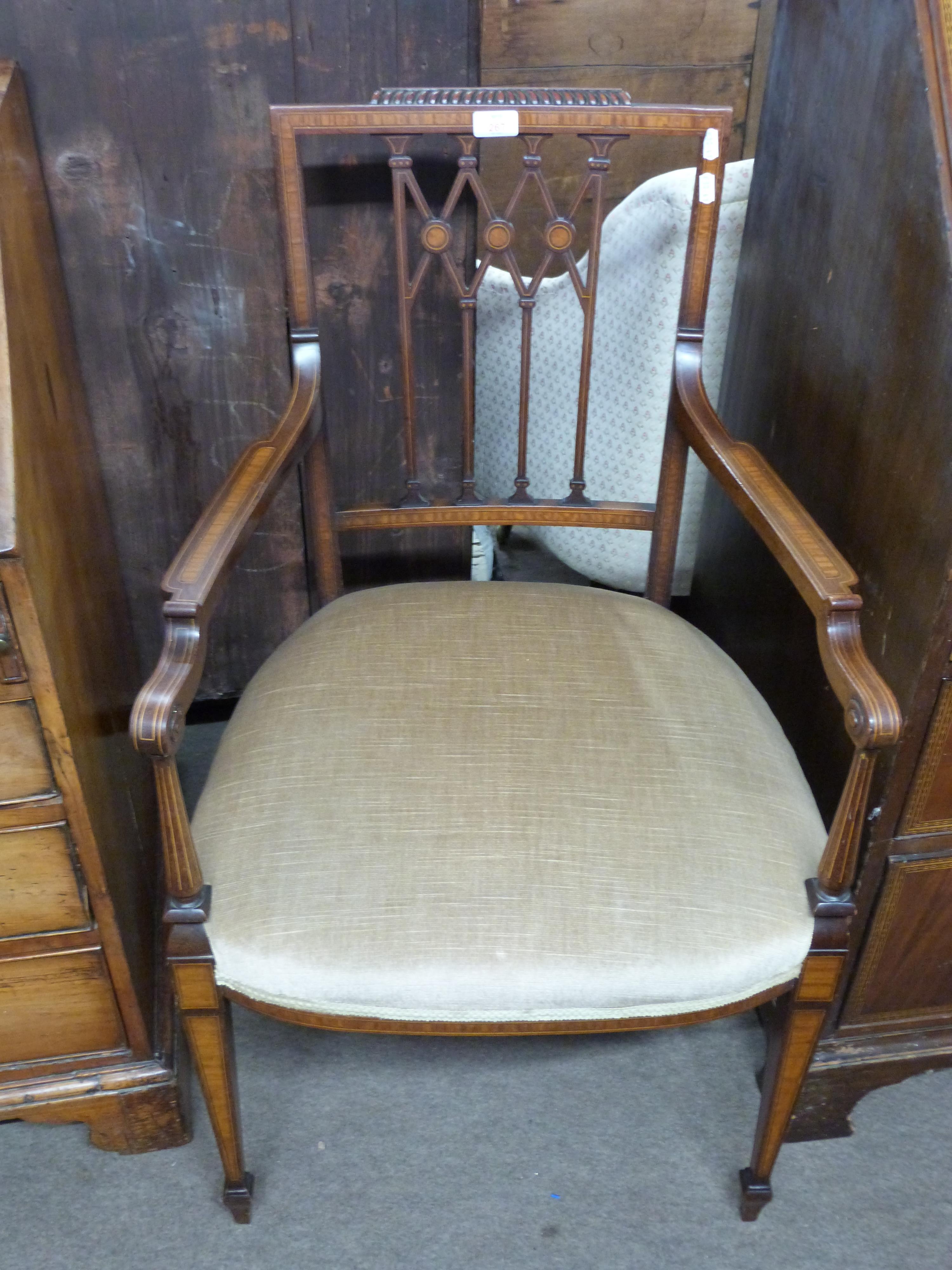 Edwardian mahogany and inlaid side chair with meshed back and tapering square legs and mushroom - Image 2 of 2