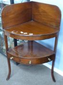 Early 19th century mahogany corner wash stand, fitted with three drawers, width approx 67cm max