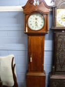 19th century oak longcase clock, the hood with broken arch pediment and pillared side supports,