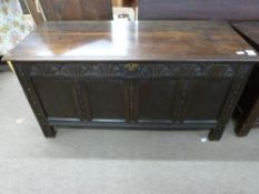 18th century carved oak coffer, length approx 134cm