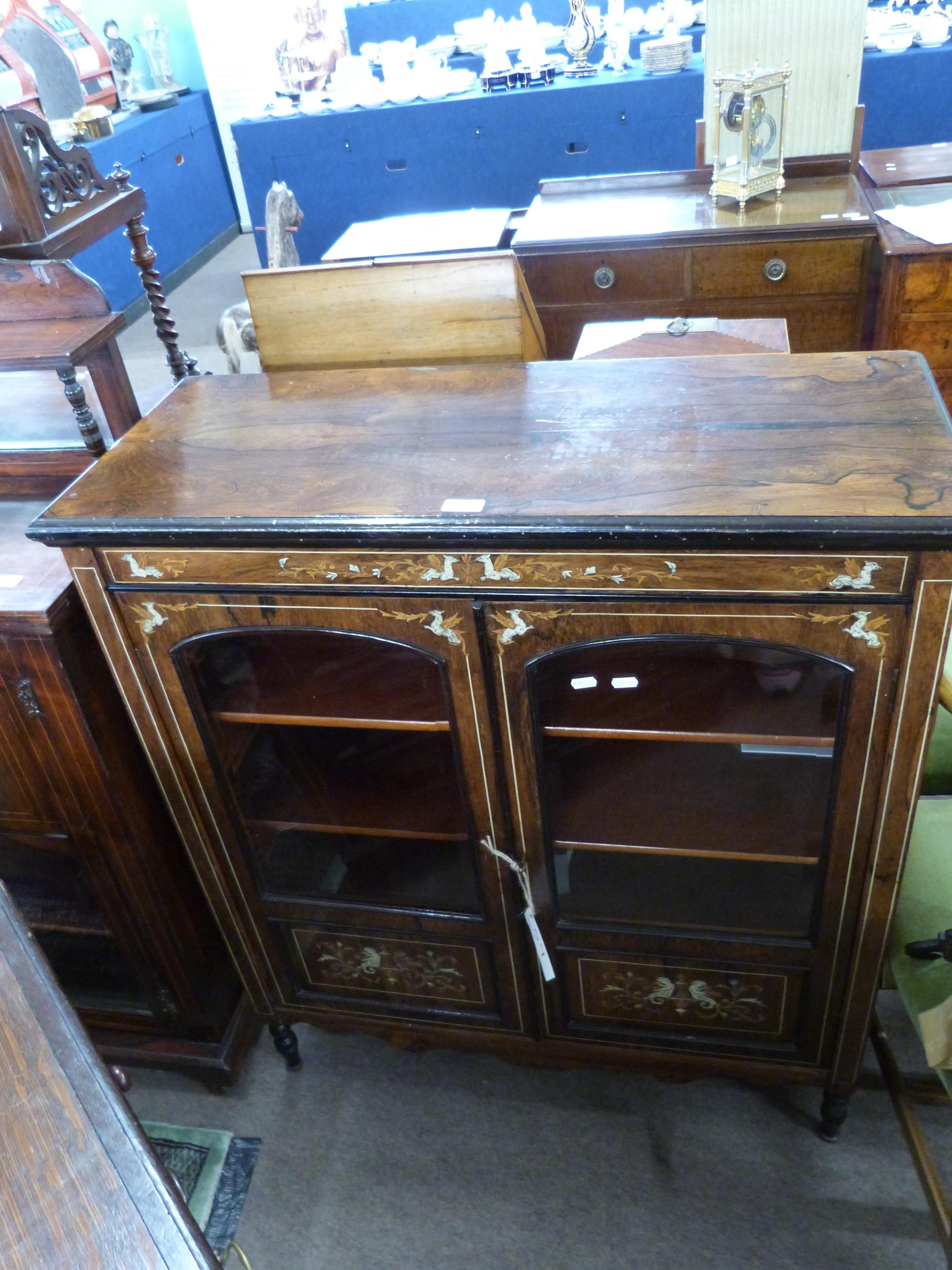 Late 19th century rosewood side cabinet decorated with inlaid detail fitted with two glazed and - Image 2 of 2