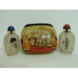 Small Chinese lacquer box with a design of deer in a landscape around a border with the cover