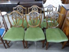 Set of six reproduction shield back dining chairs with green upholstered seats