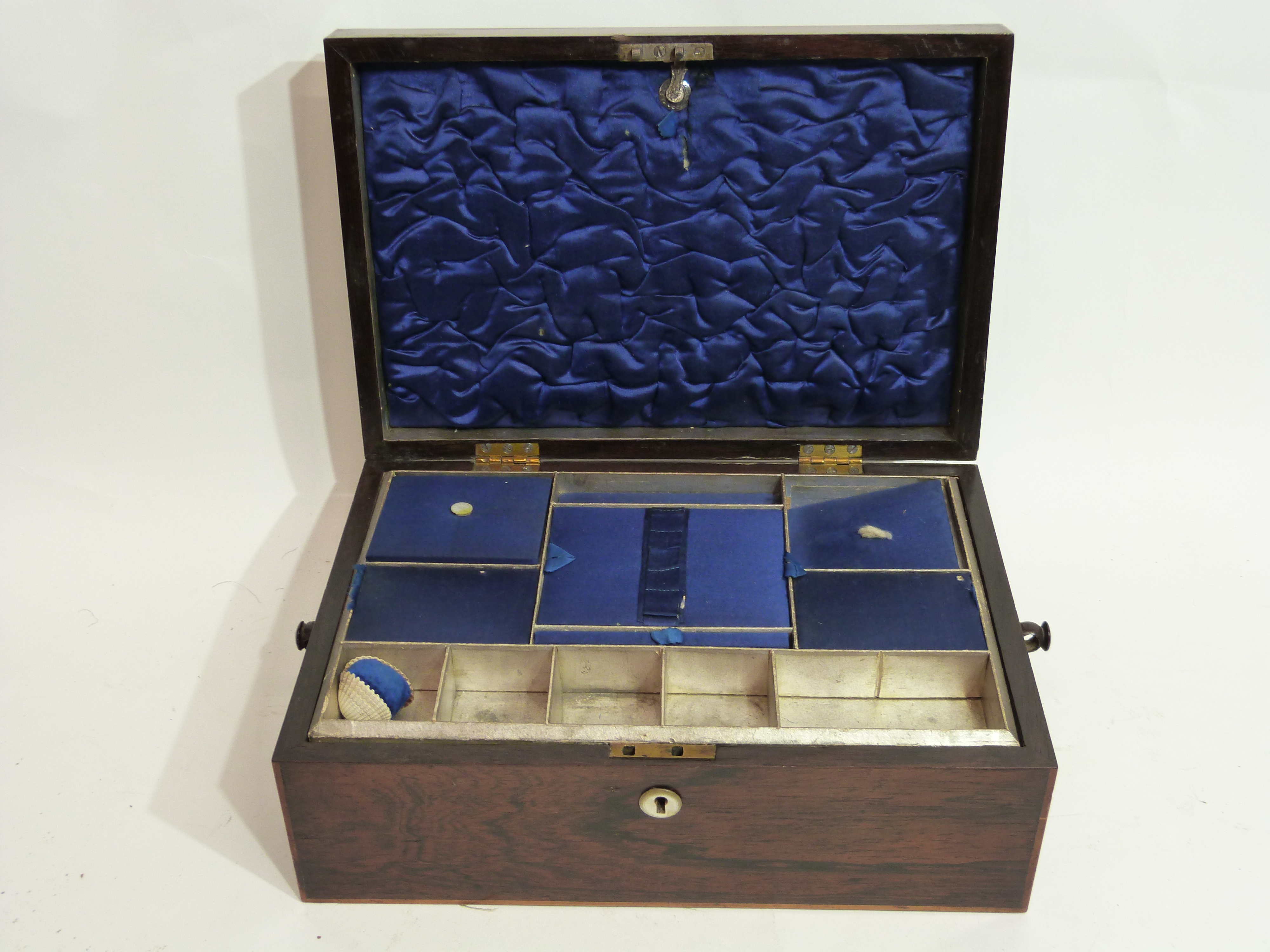 19th century ladies companion box with fitted and lined compartments with star and geometric inlay - Image 2 of 2