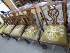 Set of 5 Chippendale style mahogany dining chairs, elaborate pierced splat backs, old tapestry