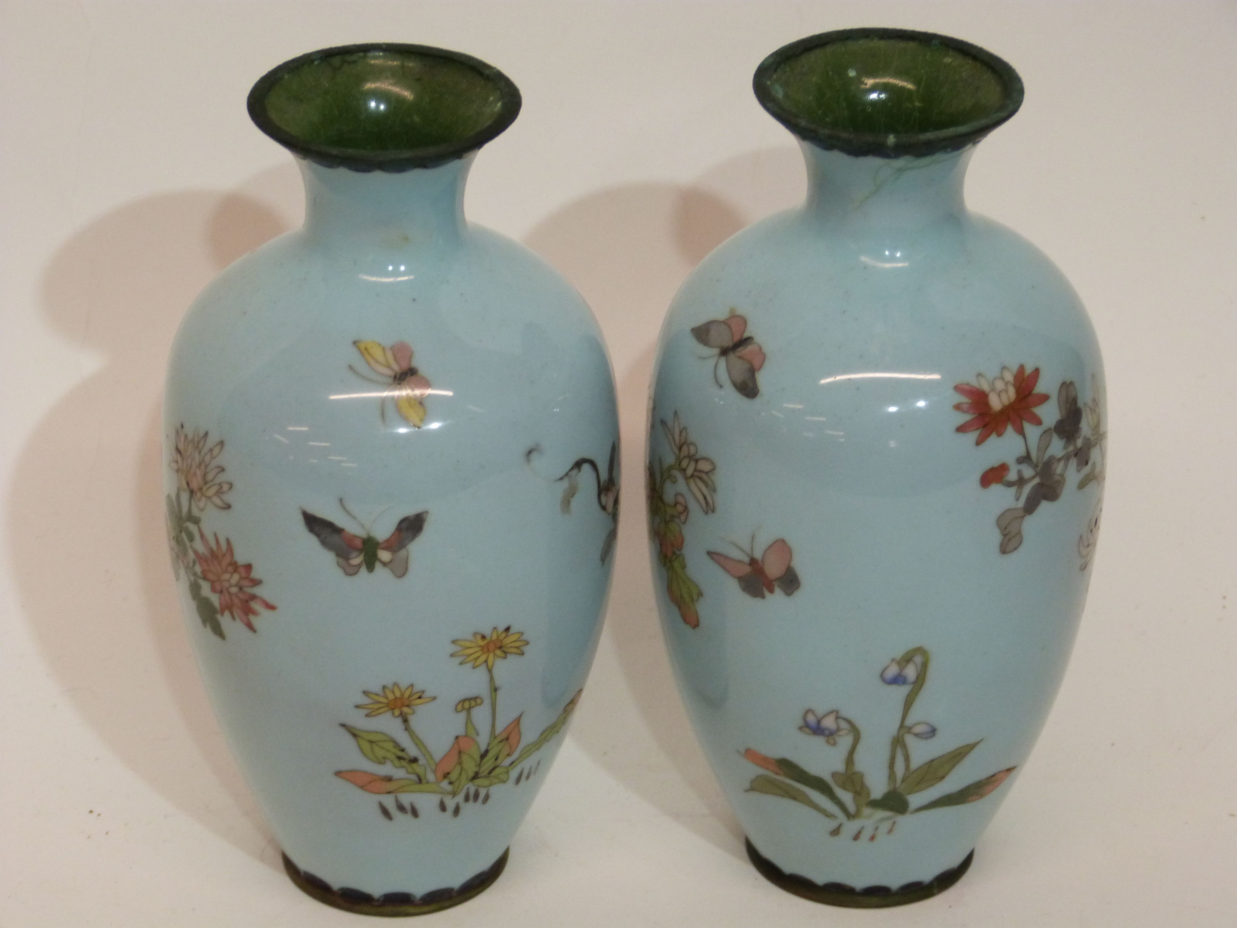 Pair of Japanese cloisonne vases, Meiji period, the light blue ground decorated with foliage and - Image 2 of 4