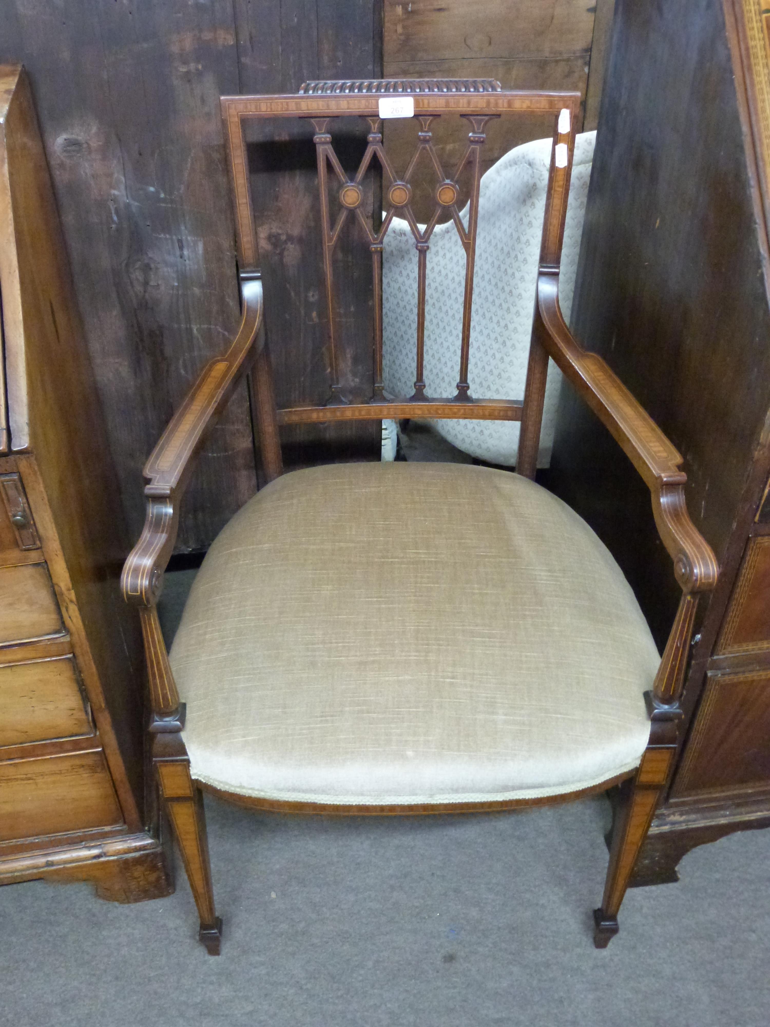 Edwardian mahogany and inlaid side chair with meshed back and tapering square legs and mushroom