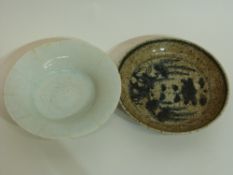 Two Chinese pottery bowls, one with a crazed Song type design with further Ming style bowl (2)