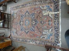 Caucasian wool carpet, red and blue ground with geometric design, single gulled border, 9ft x 7ft (