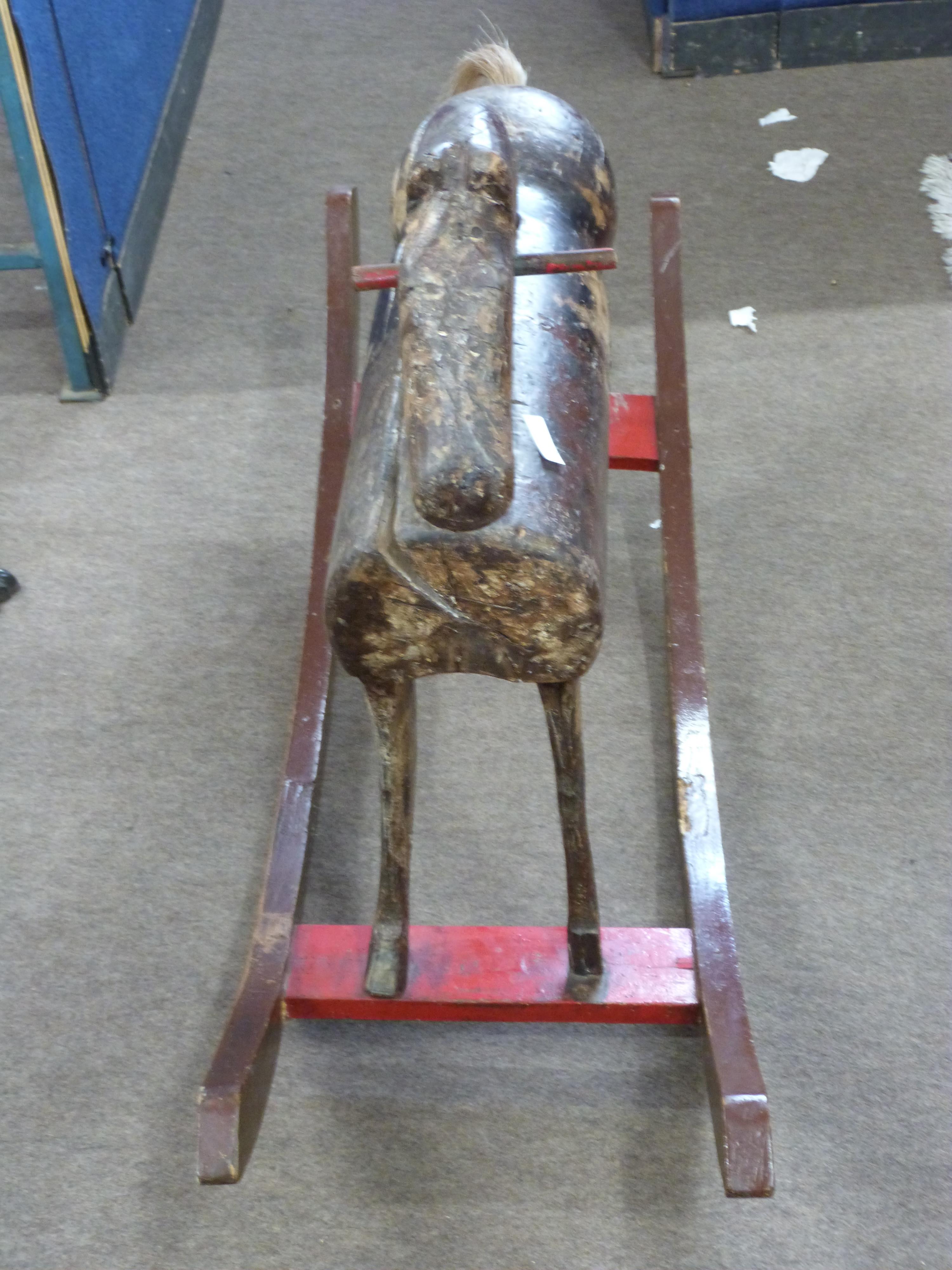 19th century naive folk art rocking horse, primitive painted body on an arched rocking base, 114cm - Image 2 of 3