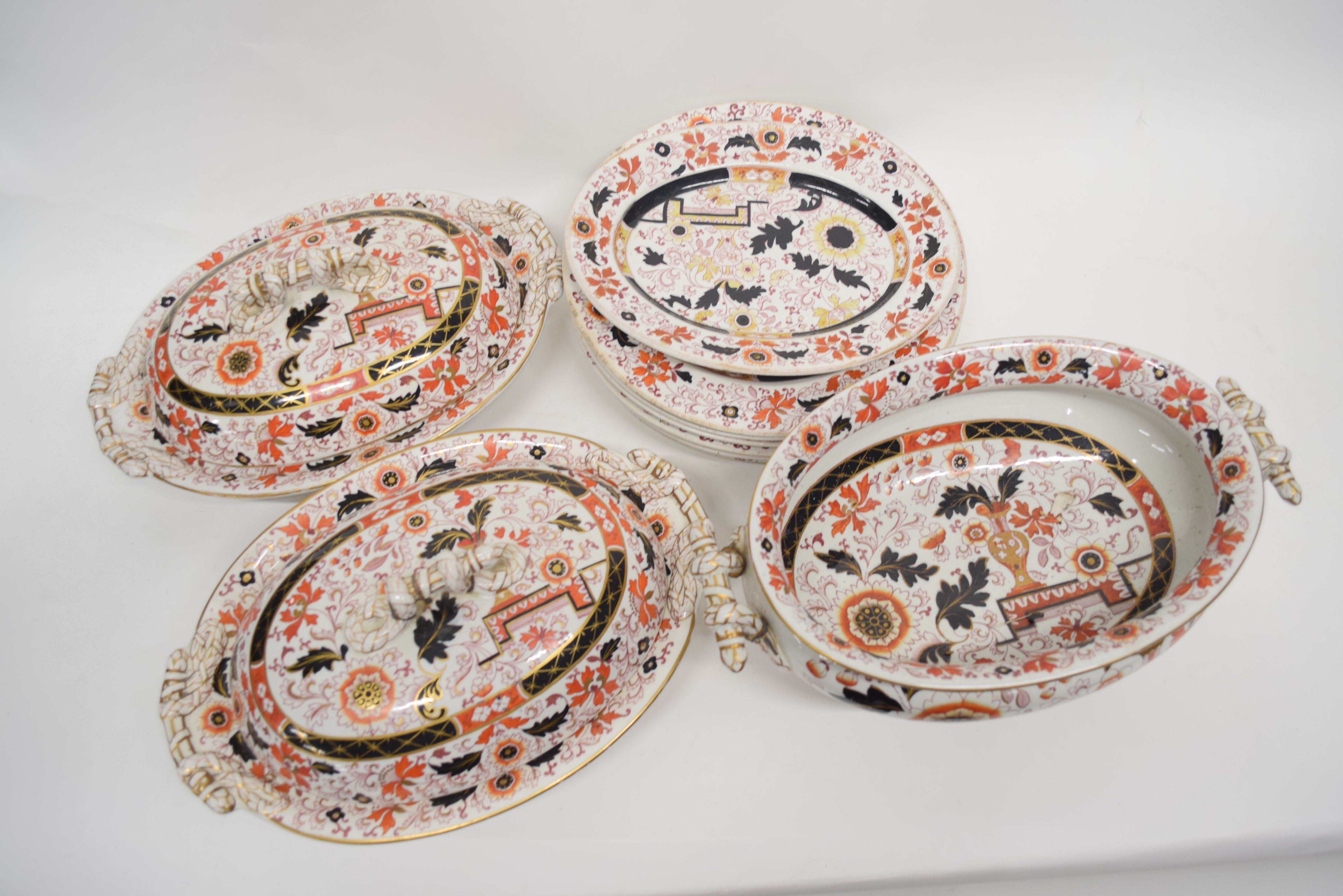Group of Ashworths Ironstone dinner wares in an Imari pattern including two tureens and covers,