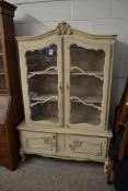 CONTINENTAL PAINTED SIDE CABINET, THE TOP SECTION WITH TWO GLAZED DOORS AND SHELVES INTERIOR OVER