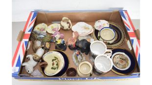 BOX OF MIXED WARES, ASSORTED ORNAMENTS, SHELLEY FLORAL DECORATED ASHTRAYS, SHELLEY SAUCERS, CHOKIN