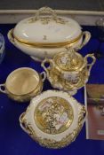 BLOOR DERBY TWO-HANDLED BOWL WITH GILT DECORATION, AND TWO FURTHER 19TH CENTURY COVERED SUGAR