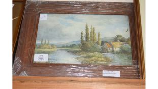 COLOURED PRINT - RIVERSIDE SCENE SET IN AN OAK FRAME, 36CM HIGH