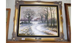 KEVIN CURTIS - WINTER SUNSET, OIL ON BOARD, GILT FRAMED, 65CM WIDE