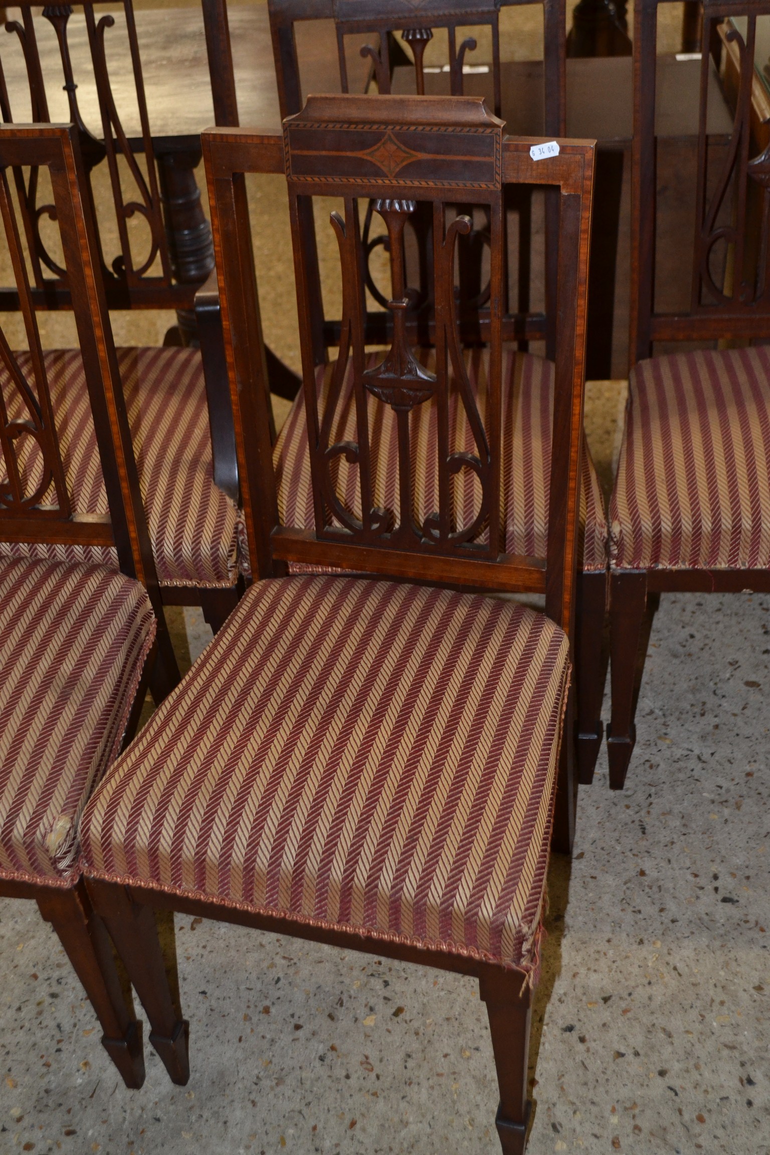 SET OF FIVE EDWARDIAN MAHOGANY DINING CHAIRS WITH STRIPED UPHOLSTERED SEATS - Image 2 of 2