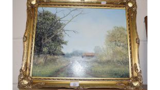 GEOFFREY FLATT - FARM TRACK, METFIELD, OIL ON BOARD, 54CM WIDE, IN GILT FRAME