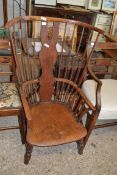 LOW 19TH CENTURY ELM SEATED STICK BACK ARMCHAIR, 103CM HIGH